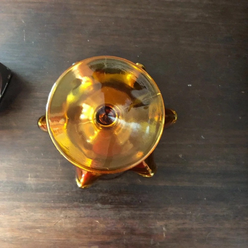 Vintage Marigold Iridescent Carnival Glass Ruffled Pedestal Candy‎ Dish Bowl MCM